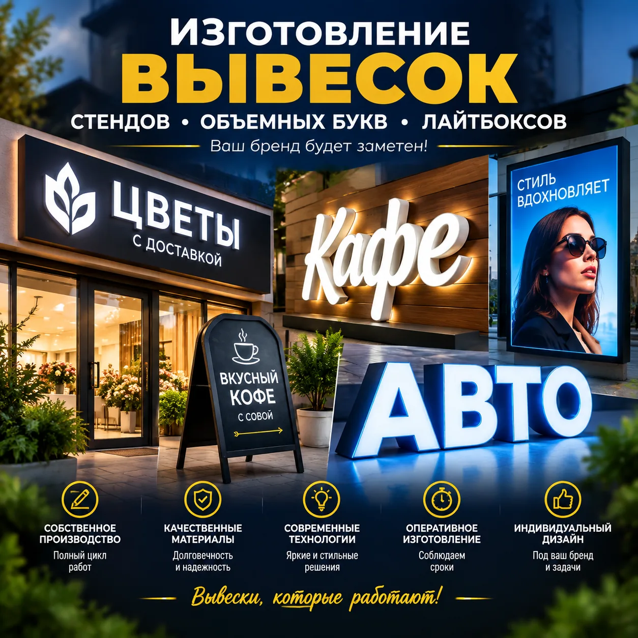 Изготовление вывесок, стендов, объёмных букв и лайтбоксов
