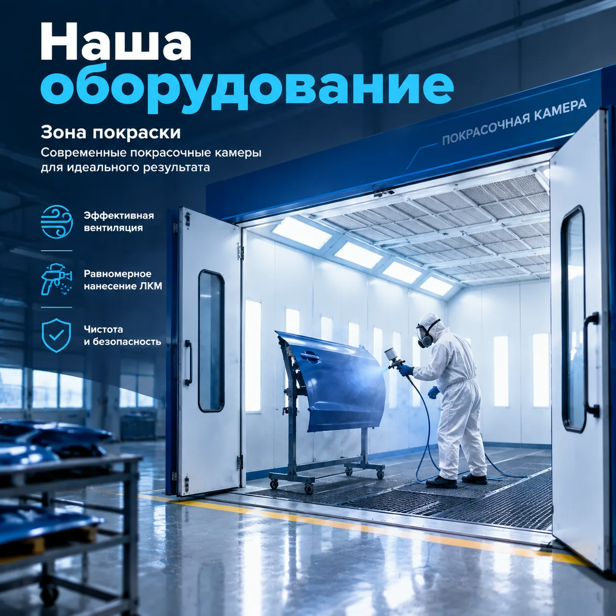 Зона покраски: покрасочная камера с вентиляцией