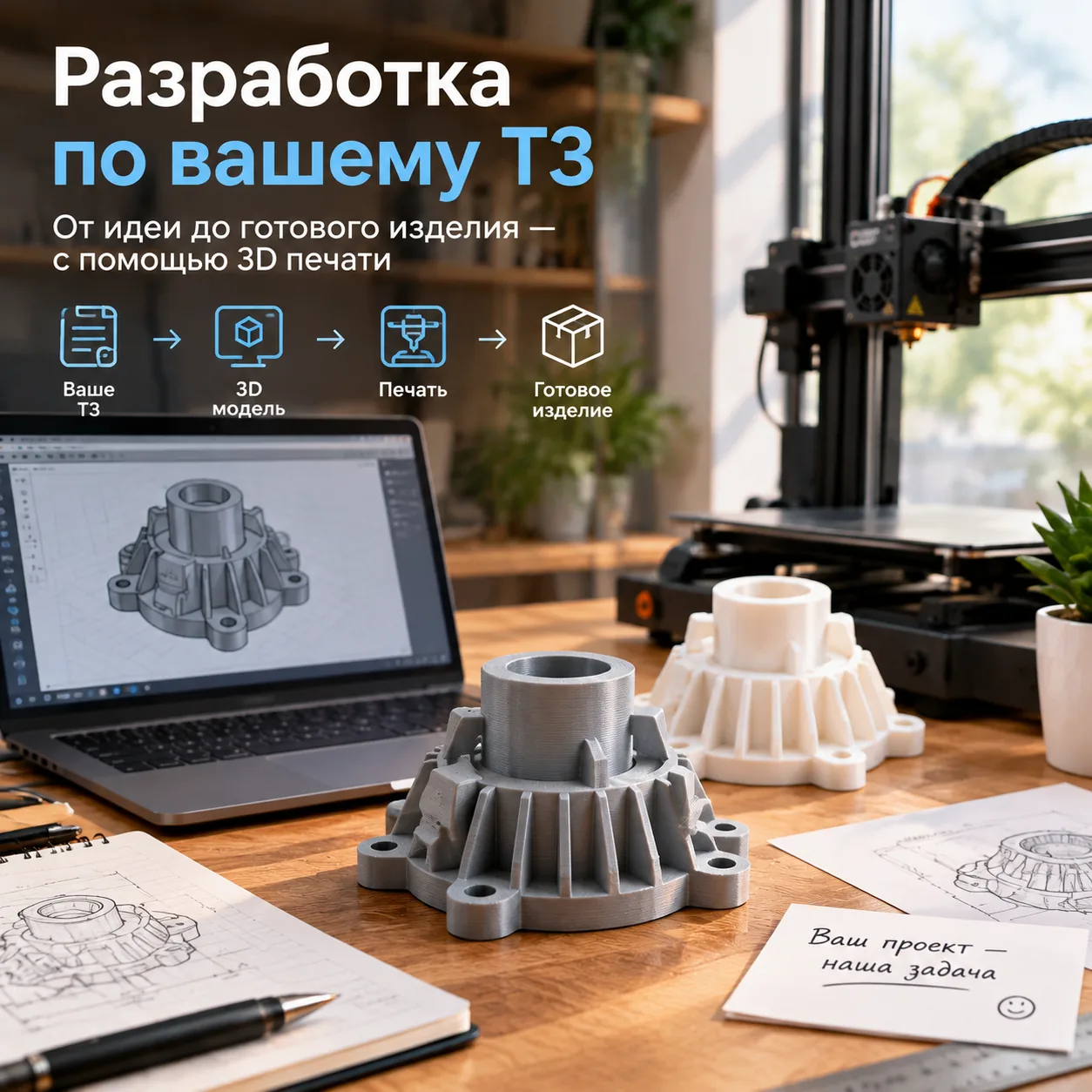 Разработка изделия по техническому заданию: 3D-модель, печать, готовая деталь
