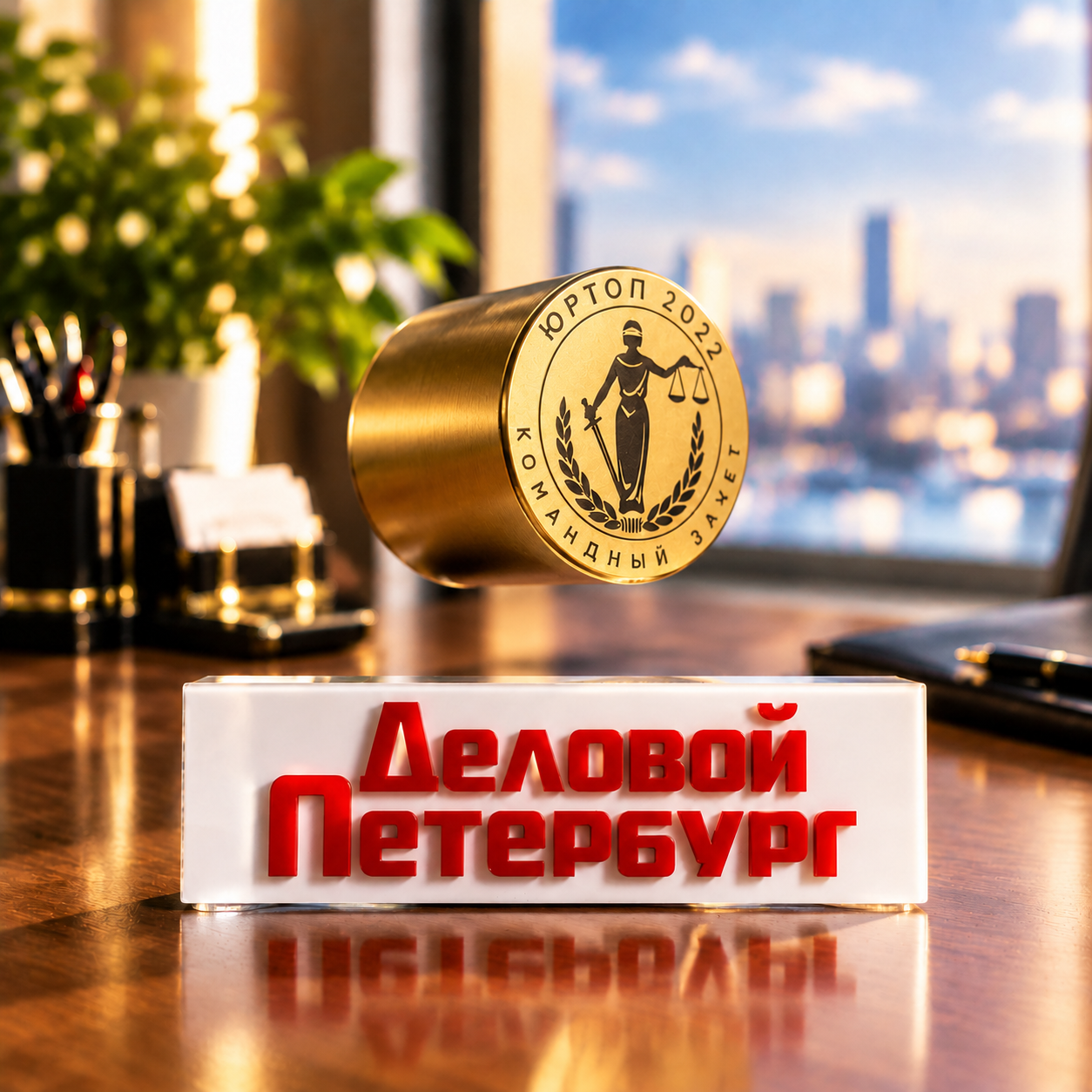Объемный левитирующий логотип над платформой с объемными буквами